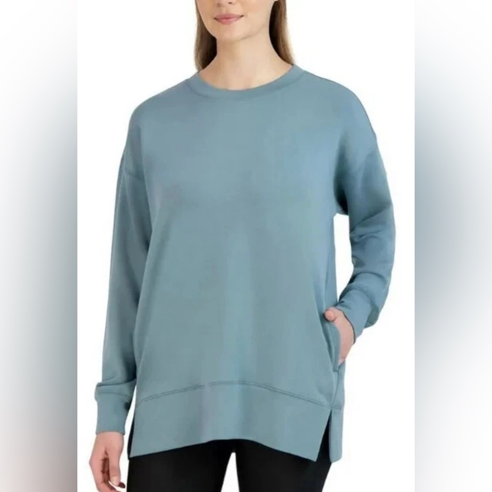 Sage Collective woman’s oversized crew neck teal-ish Blue Sweatshirt Sz L EUC